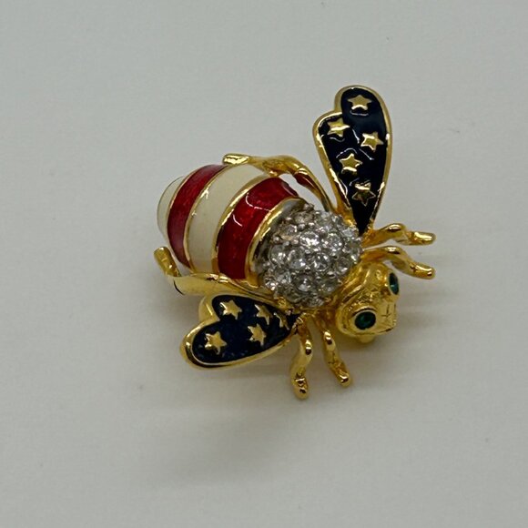 Joan Rivers Patriotic Bee Brooch Stats and Stripes Red White Blue Enamel America - Picture 2 of 12